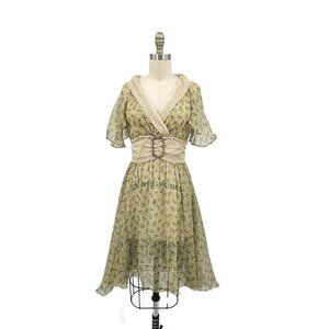 Collette Dinnigan Sheer Silk Midi Dress Womens M Green Floral Lace Belt Y2K